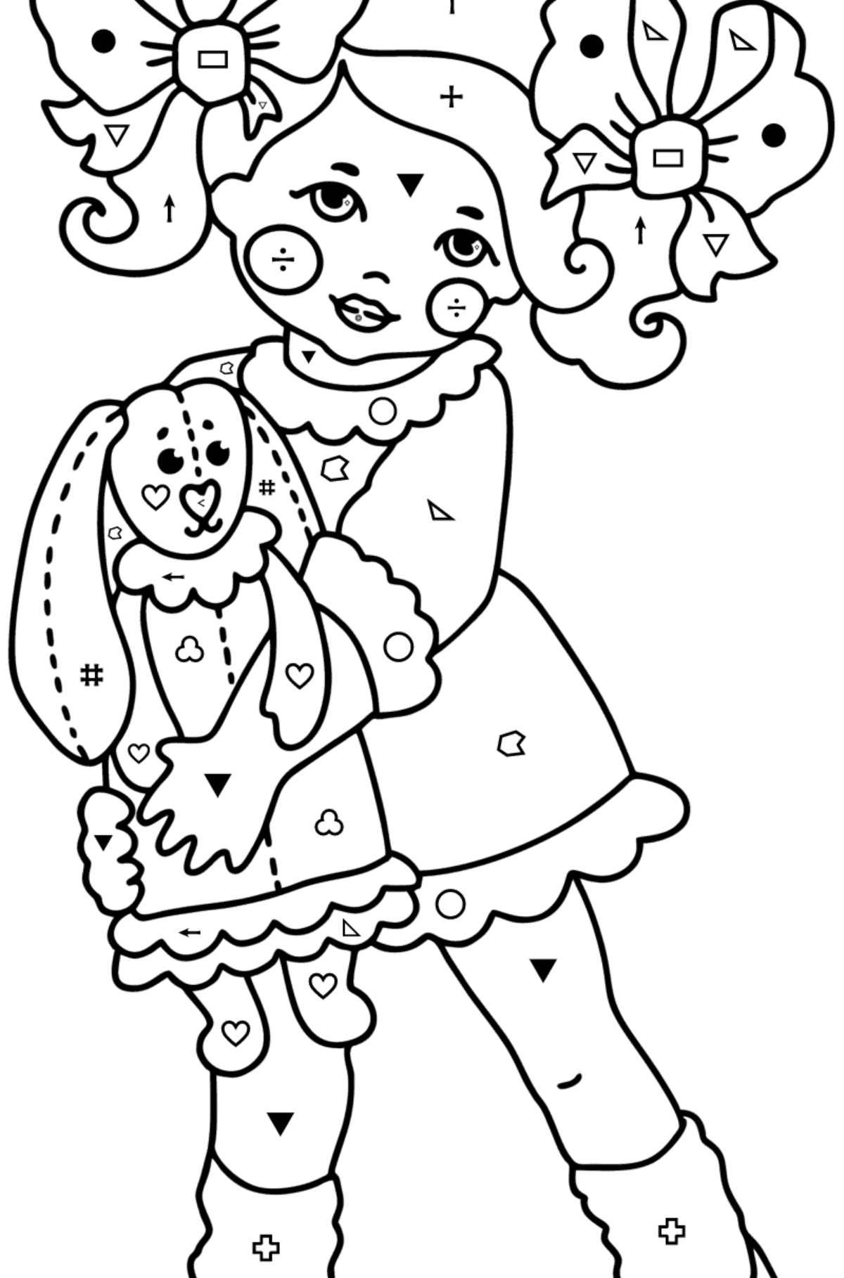 Boyama sayfası Kız ve tavşan - Sembollere ve Geometrik Şekillerle Boyama çocuklar için