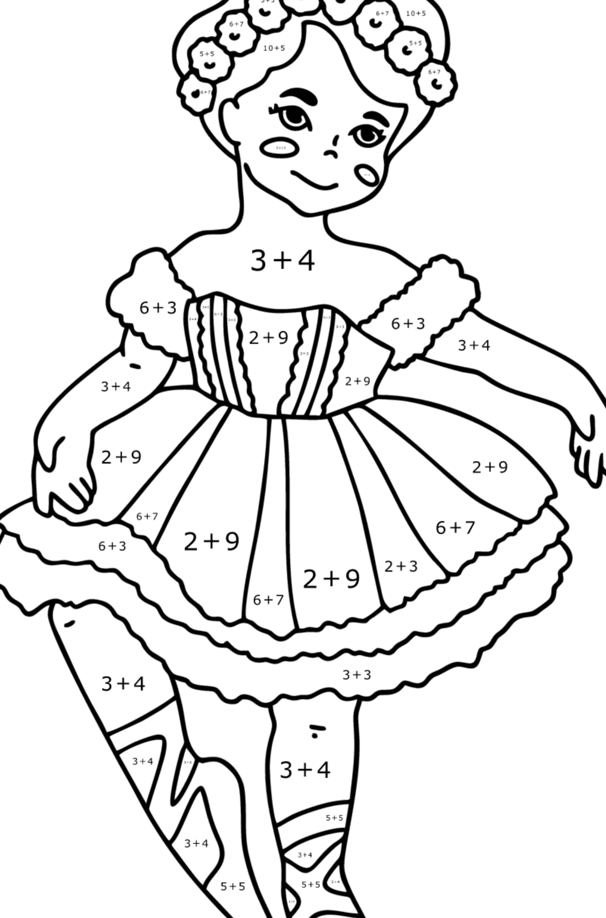 Ballerina girl сoloring page - Math Coloring - Addition for Kids