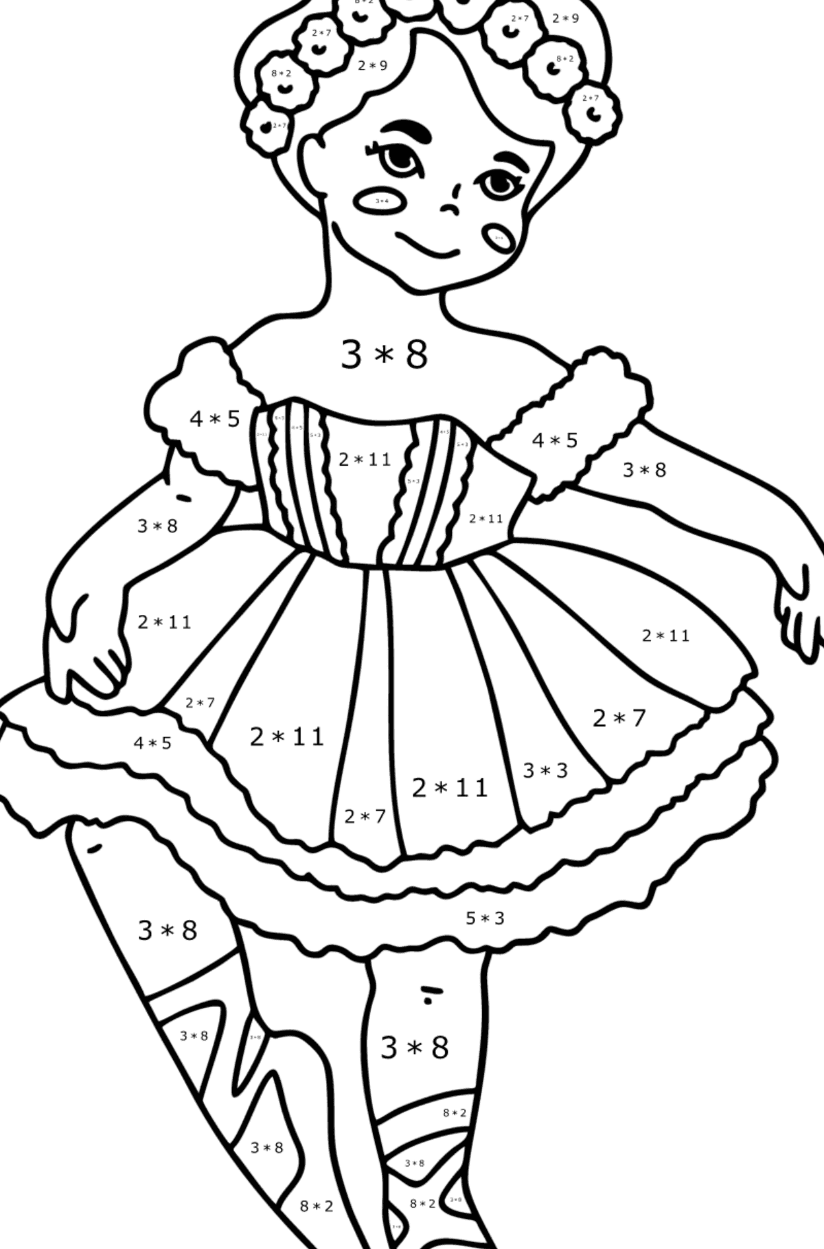 Ballerina girl сoloring page - Math Coloring - Multiplication for Kids