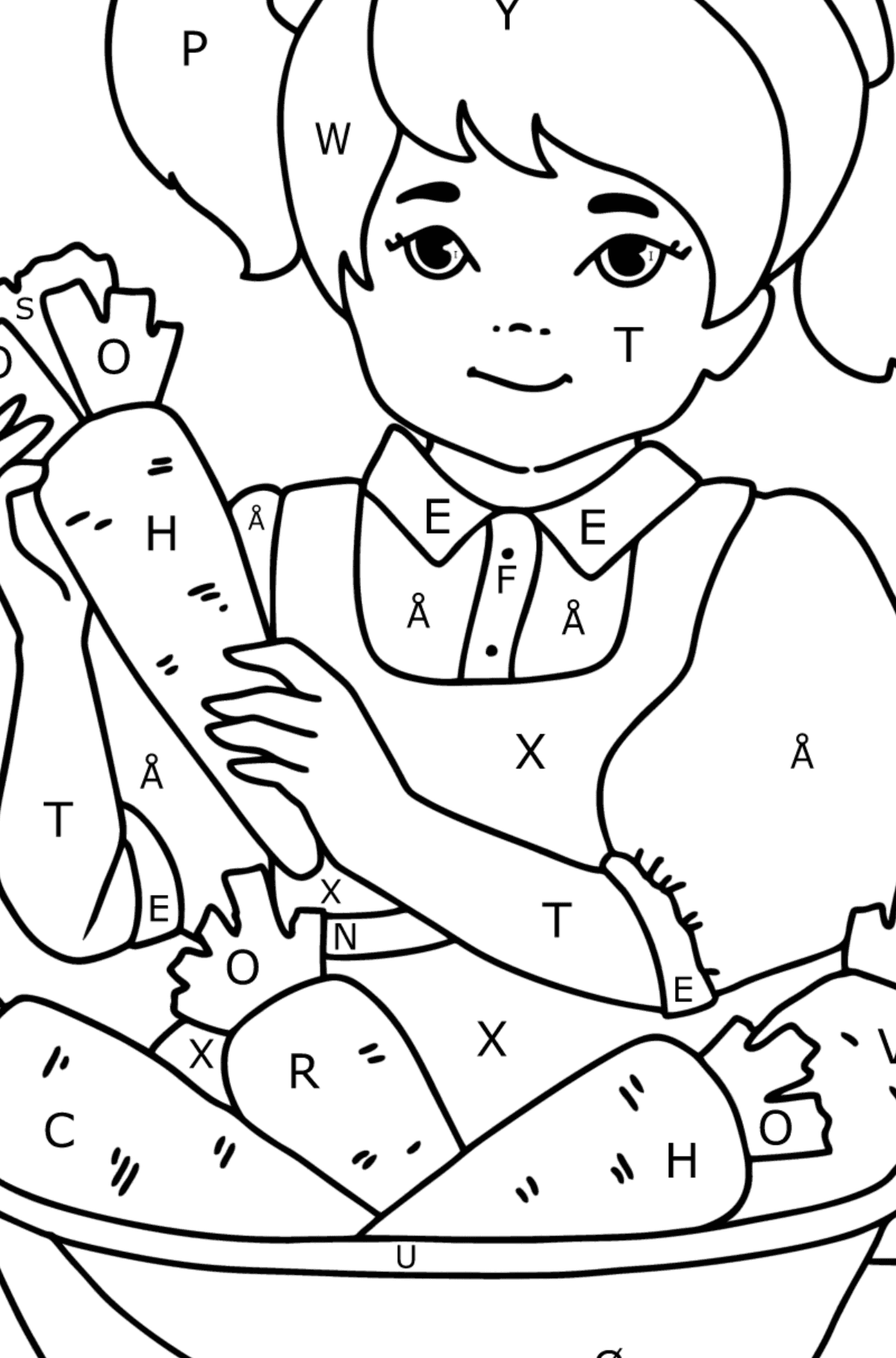 Tegning til fargelegging Jente på kjøkkenet - Fargelegge etter bokstaver for barn