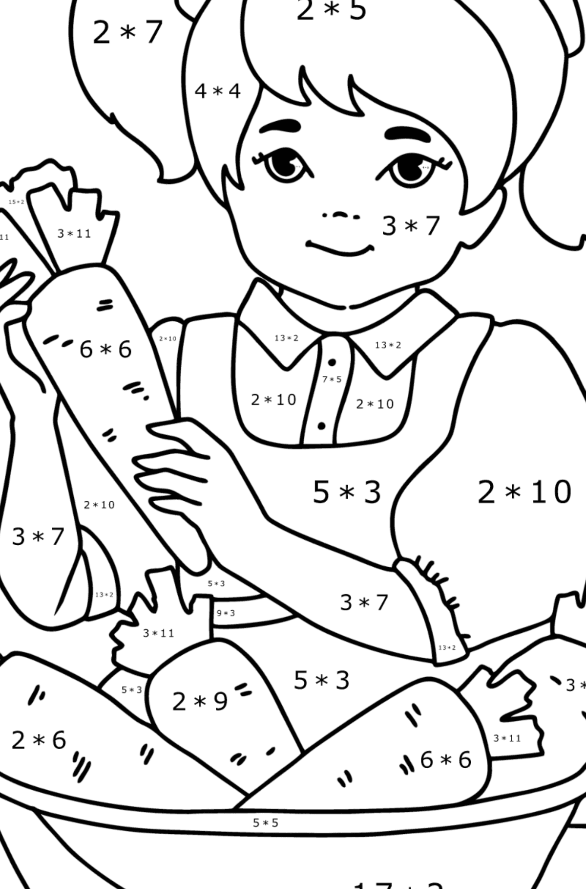 Tegning til fargelegging Jente på kjøkkenet - Matematisk fargeleggingsside - multiplisering for barn