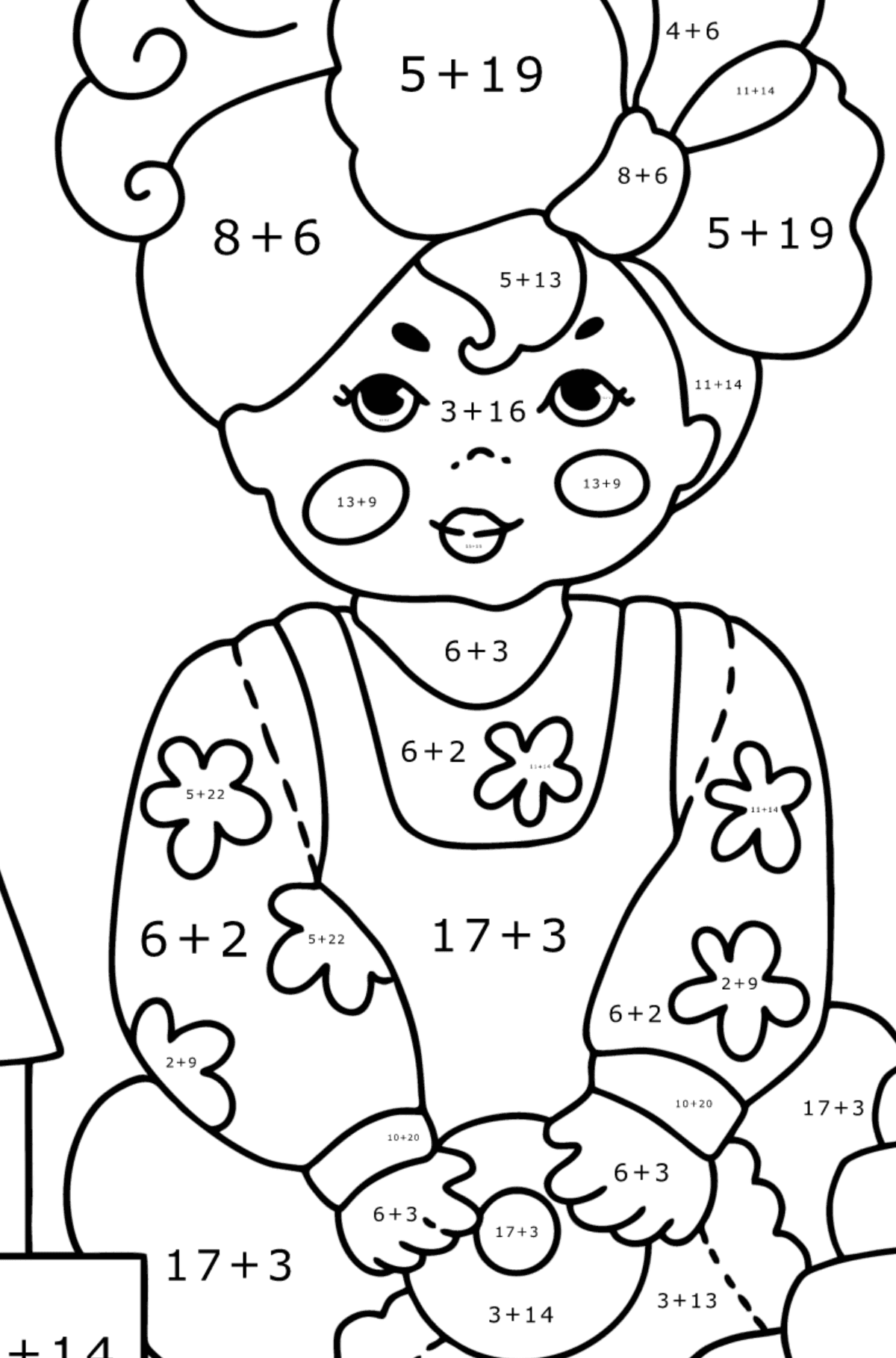 Värityskuva Pieni tyttö jousi kanssa - Matemaattinen Väritys - Yhteenlasku lapsille