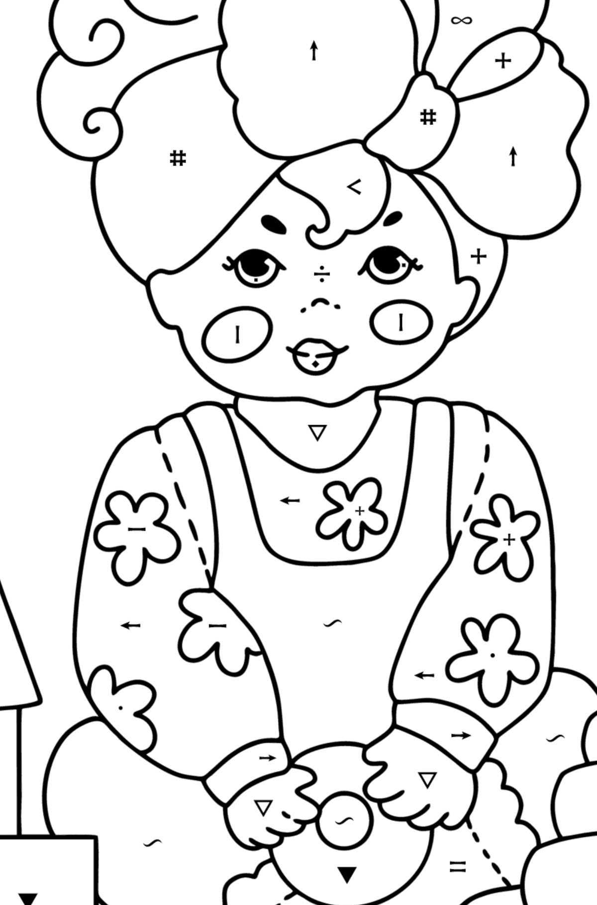 Värityskuva Pieni tyttö jousi kanssa - Väritys Symbolien mukaan lapsille