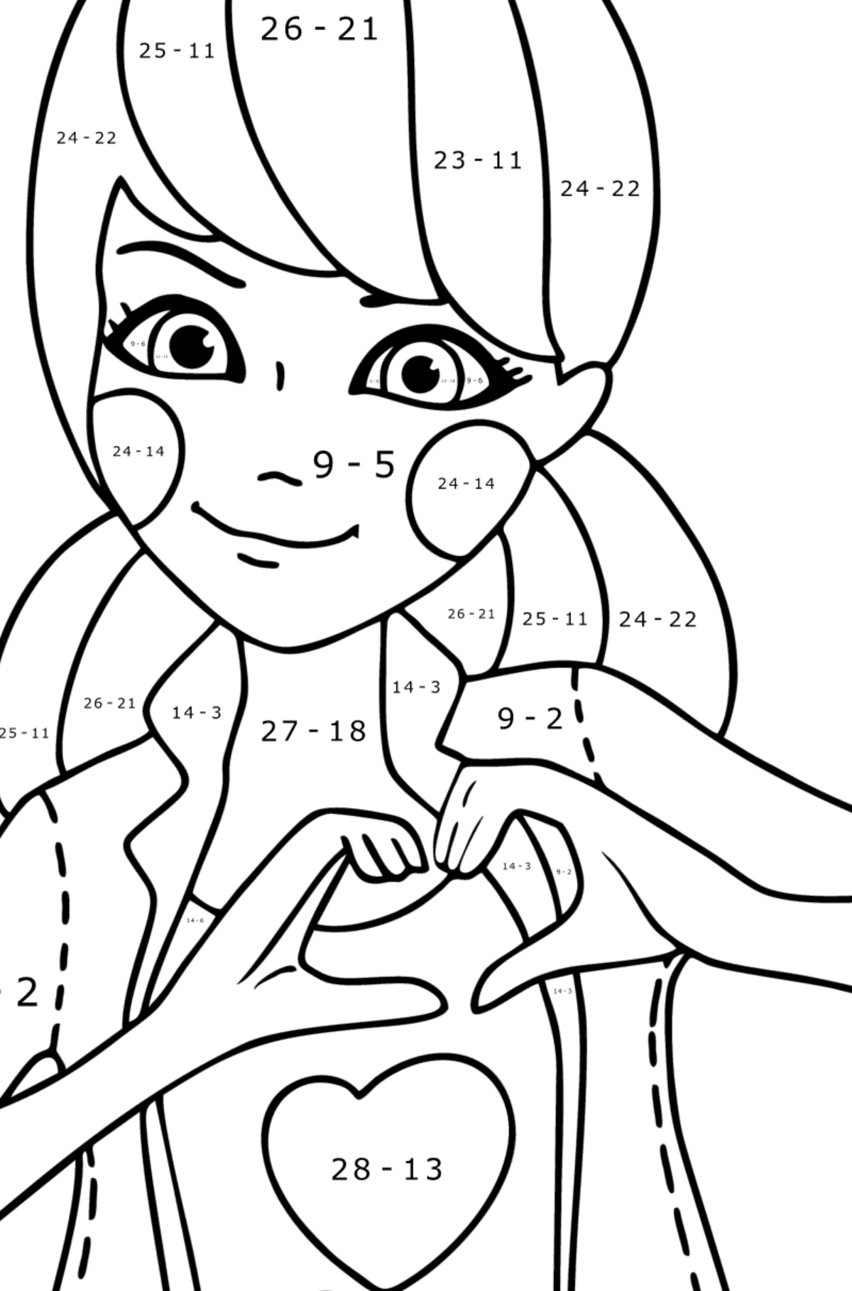 Ausmalbild Marinette - Mathe Ausmalbilder - Subtraktion für Kinder