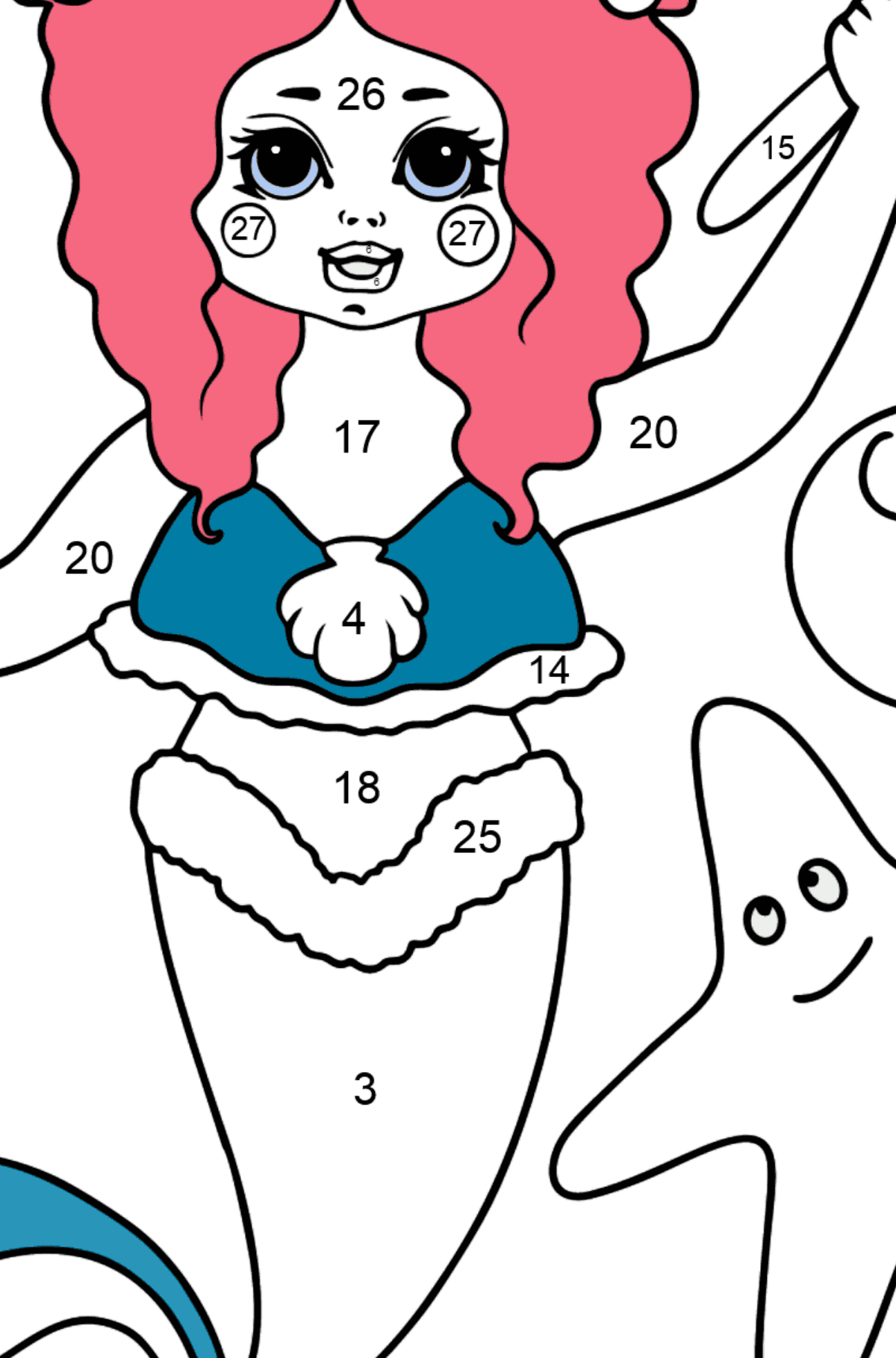 Meerjungfrau und Maracas Ausmalbild - Malen nach Zahlen für Kinder