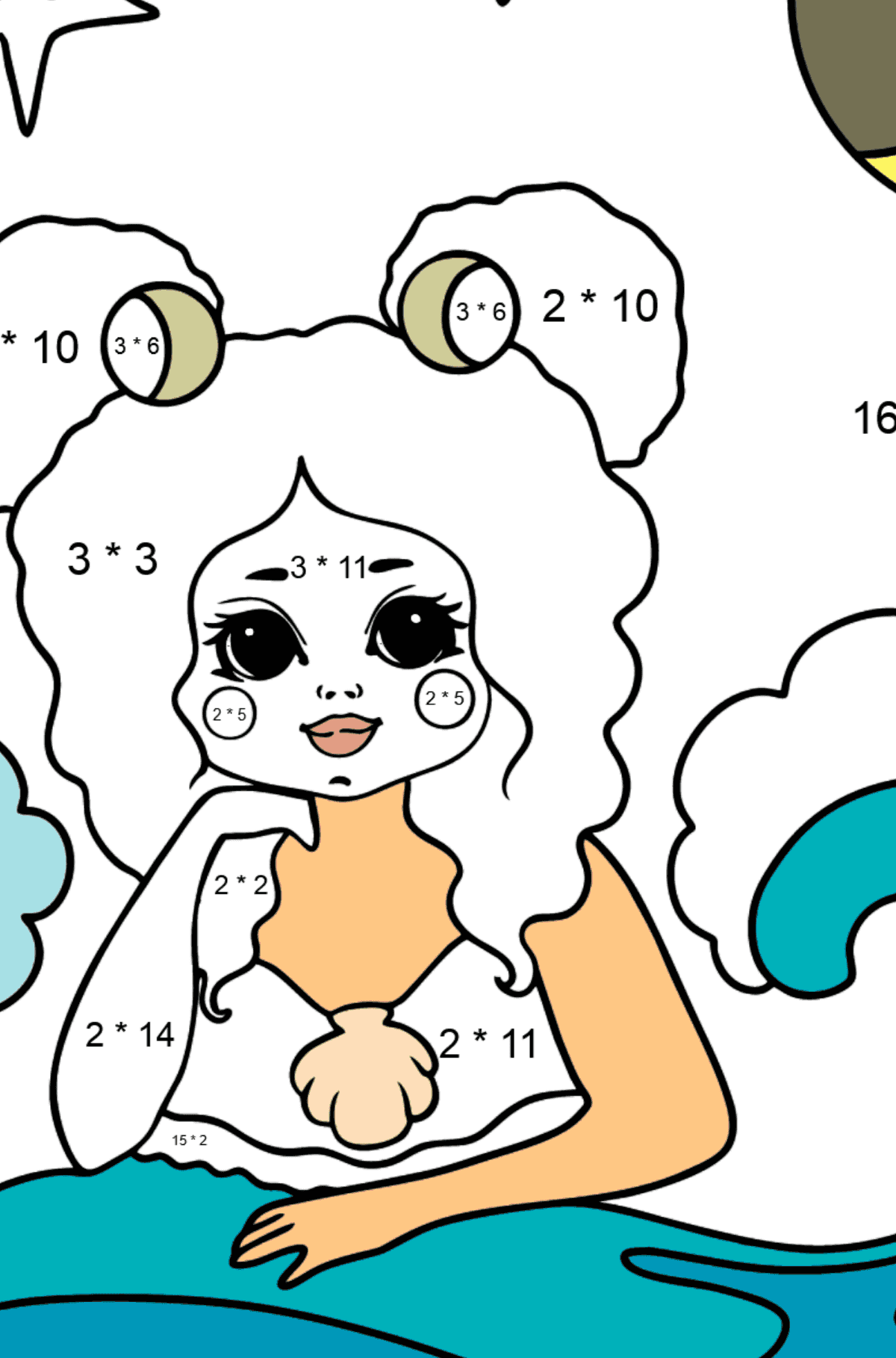Meerjungfrau und Mond Ausmalbild - Mathe Ausmalbilder - Multiplikation für Kinder