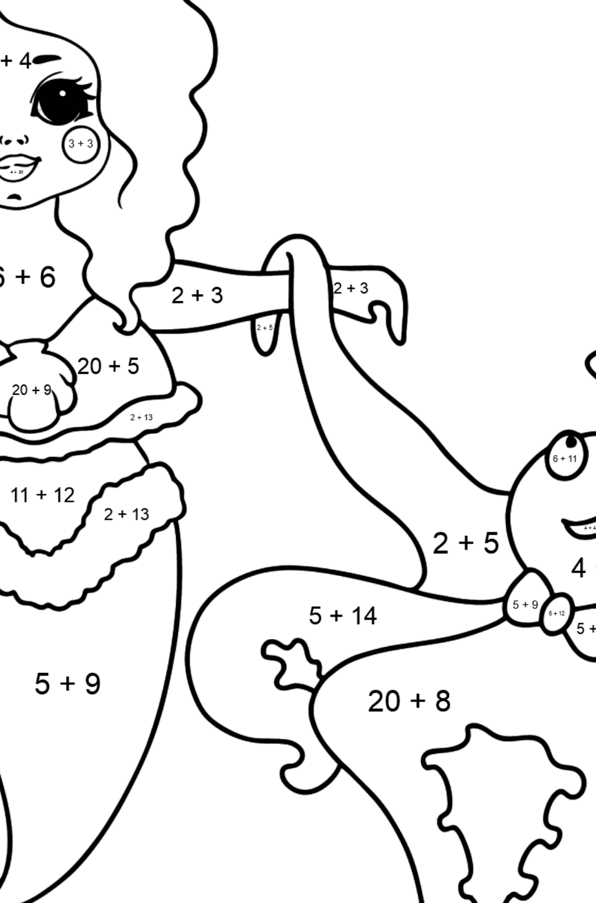 Meerjungfrau und Krake Ausmalbild - Mathe Ausmalbilder - Addition für Kinder