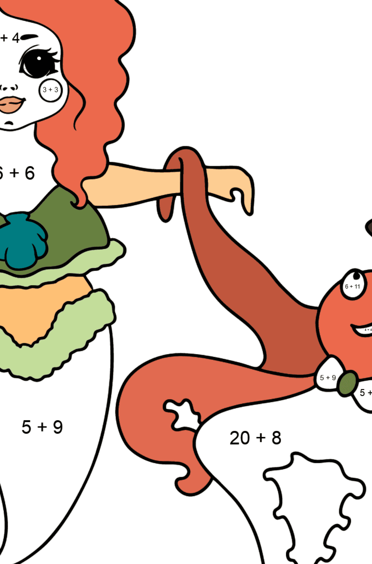 Раскраска русалка и осьминог - На Сложение для Детей