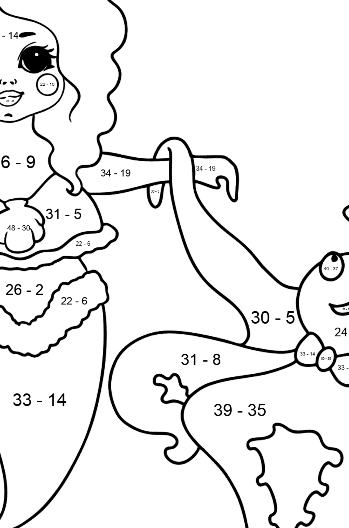 Meerjungfrau und Krake Ausmalbild - Mathe Ausmalbilder - Subtraktion für Kinder