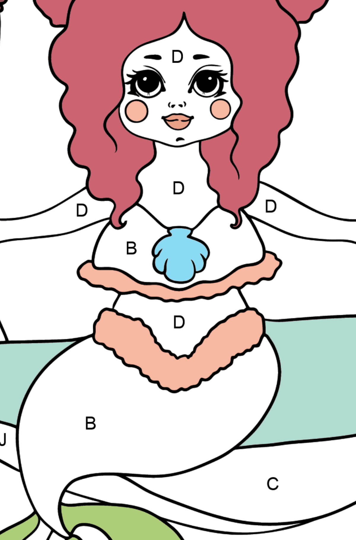 Mermaid and Two Fish coloring page - Coloring by Letters for Kids