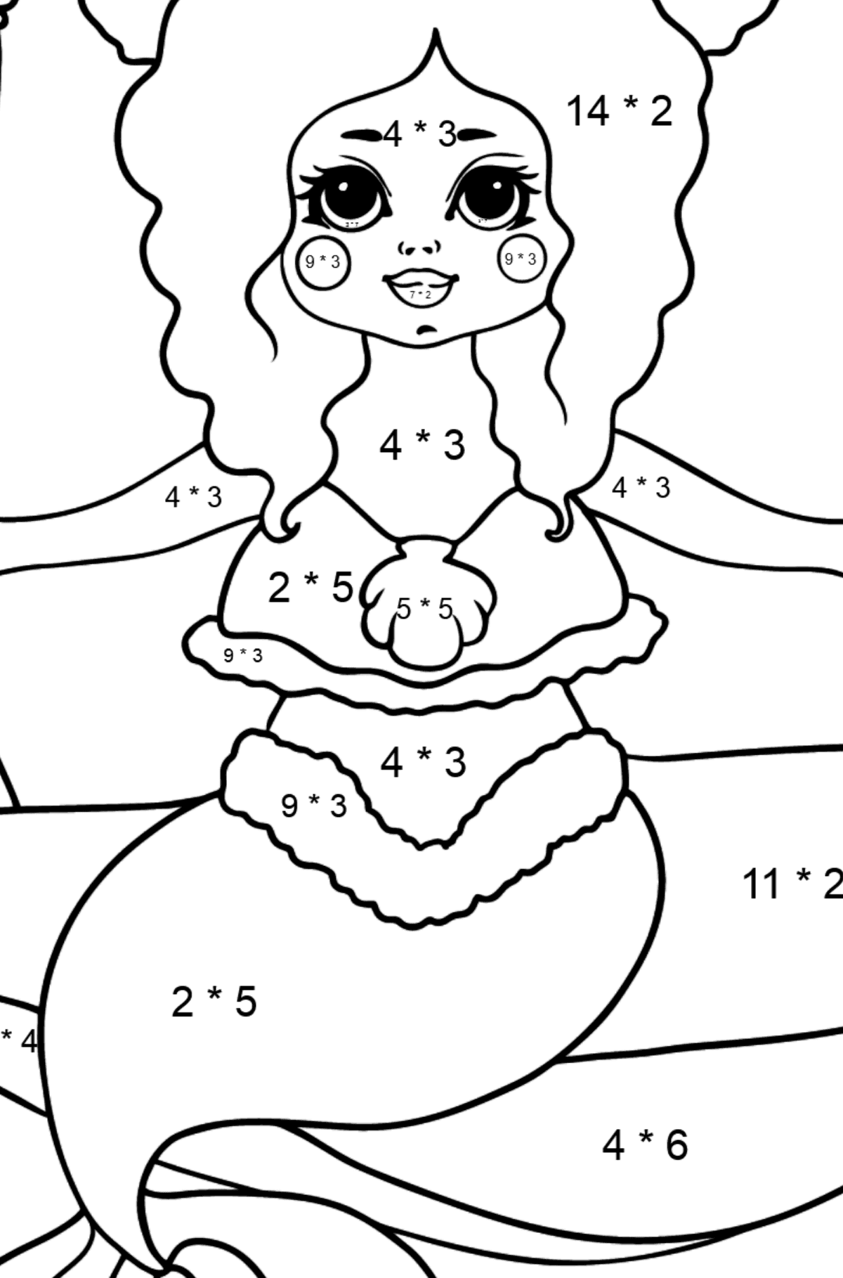 Coloriage - Sirène et deux poissons - Coloriage Magique Multiplication pour les Enfants