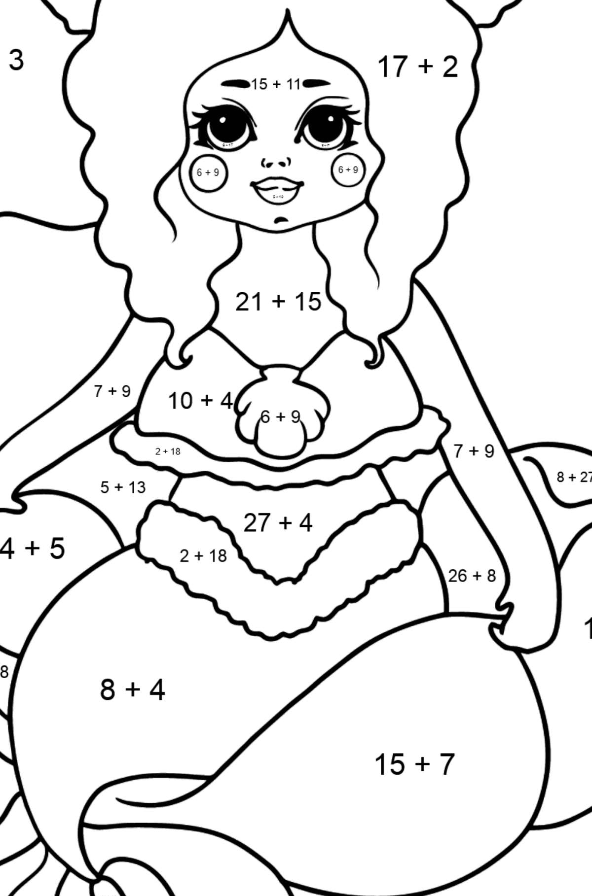 Omalovánka krásná mořská panna pro miminka - Matematická Omalovánka - Sčítání pro děti