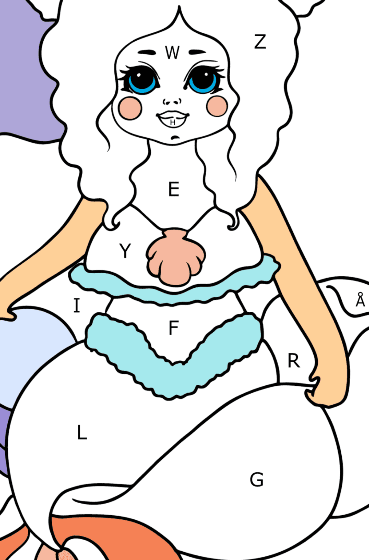 Värityskuva kaunis merenneito vauvoille - Väritys Kirjaimien mukaan lapsille