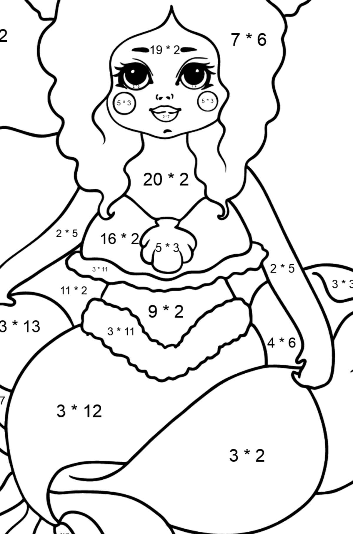 Meerjungfrau ruht Ausmalbild - Mathe Ausmalbilder - Multiplikation für Kinder