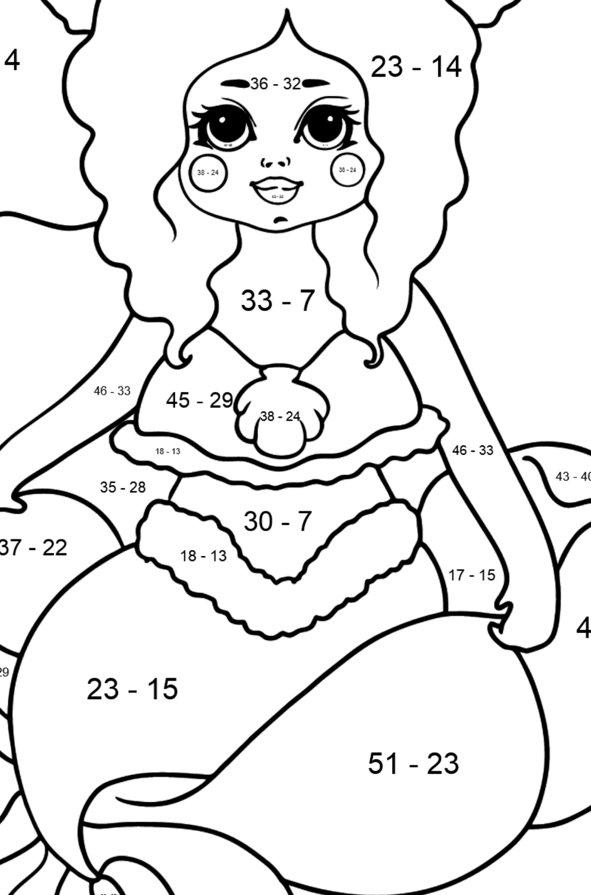 Meerjungfrau ruht Ausmalbild - Mathe Ausmalbilder - Subtraktion für Kinder