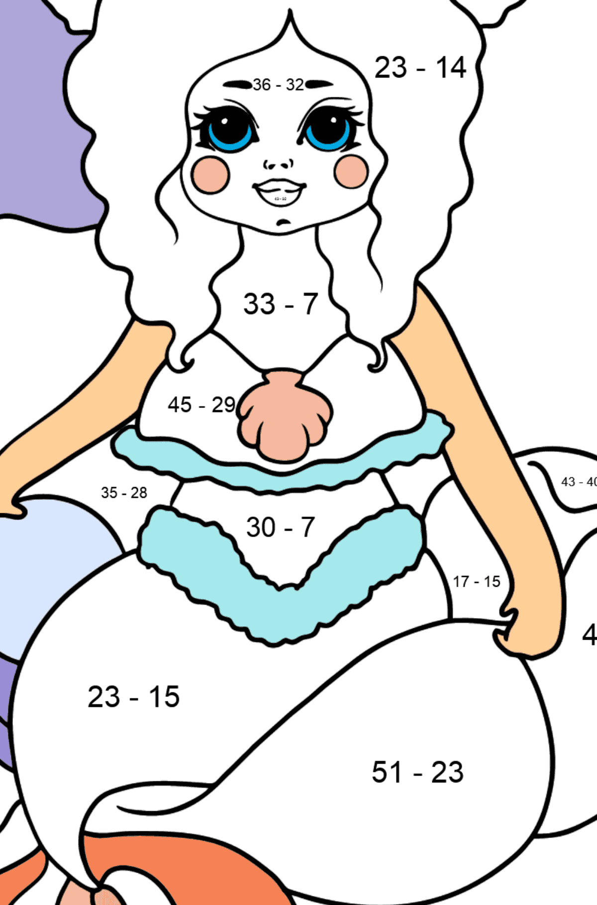 Mermaid is Resting coloring page - Math Coloring - Subtraction for Kids