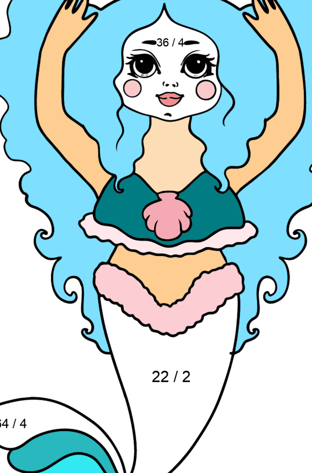 Meerjungfrau mit blauen Haaren Ausmalbild - Mathe Ausmalbilder - Division für Kinder