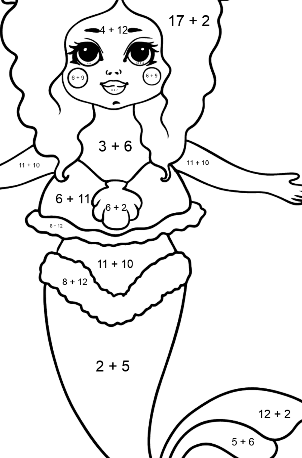 Mermaid with Yellow Tail coloring page - Math Coloring - Addition for Kids
