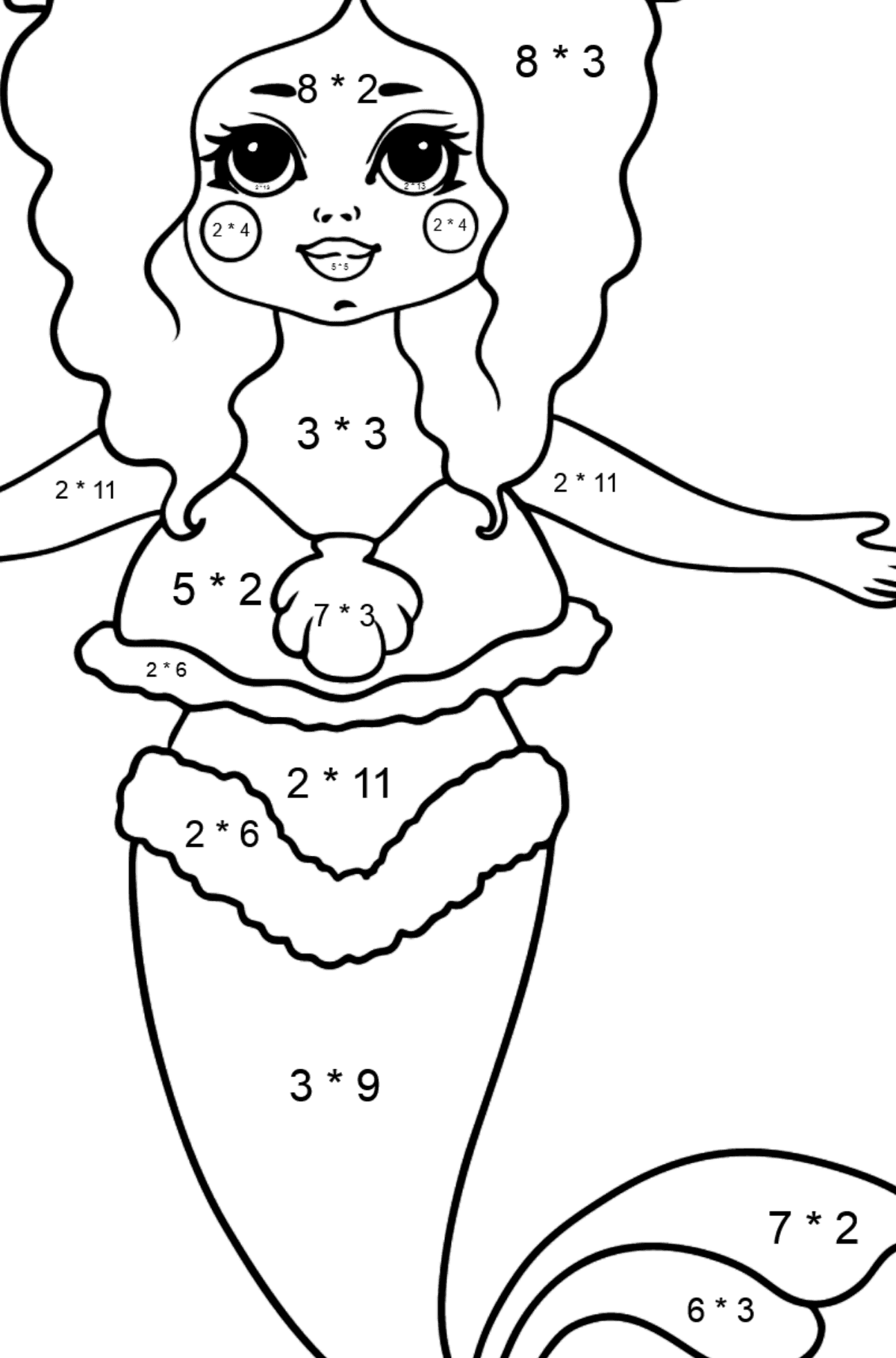 Mermaid with Yellow Tail coloring page - Math Coloring - Multiplication for Kids