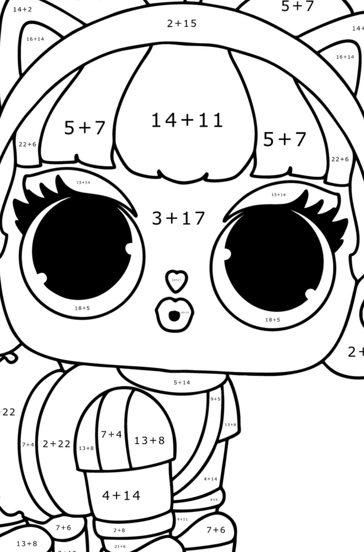 Mewarnai gambar LOL Surprise Kitty 500 Winter Disco - Pewarnaan Matematika: Pertambahan untuk anak-anak