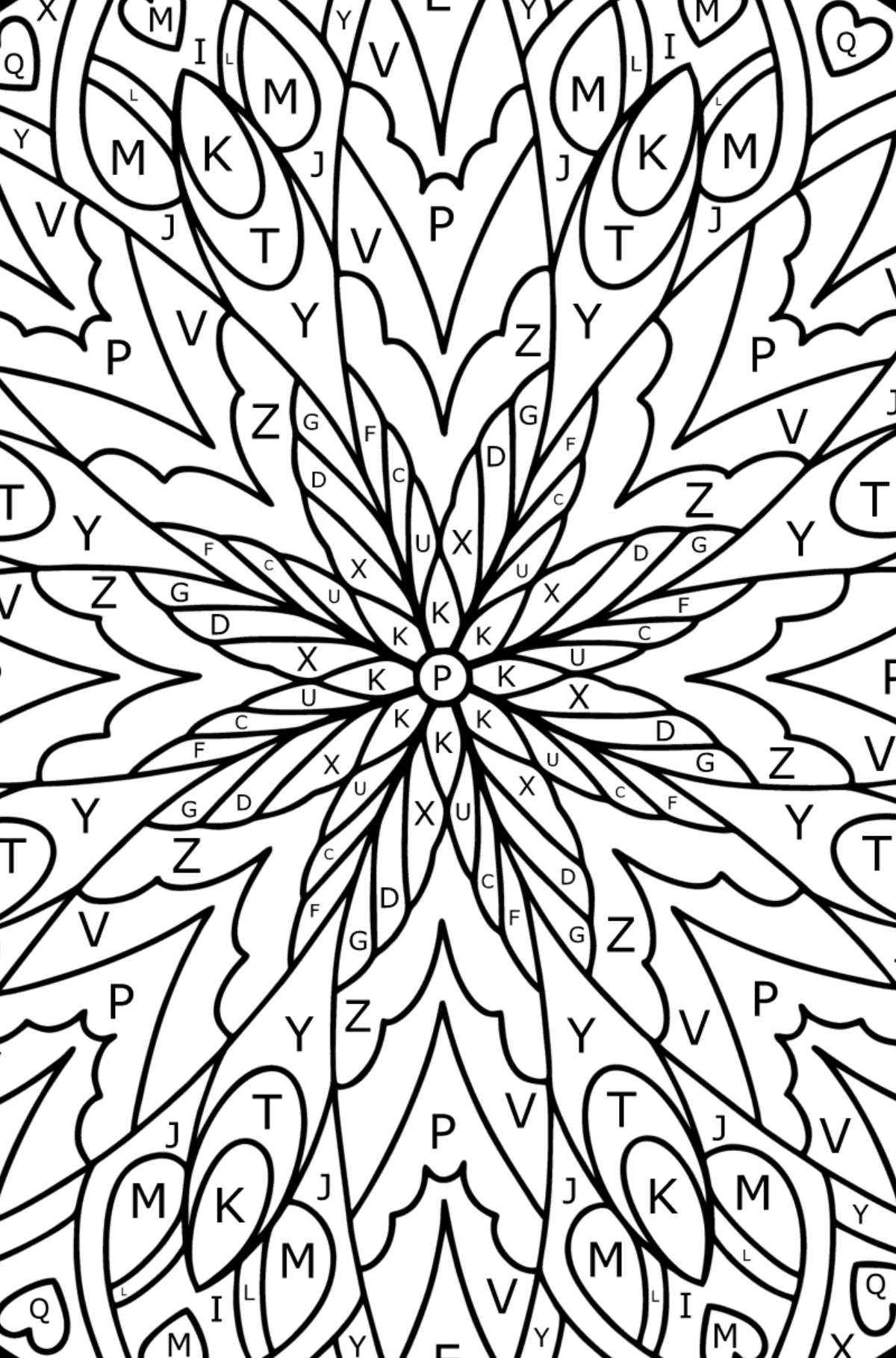 Complex Coloring Page for Kids - Mandala - Coloring by Letters for Kids