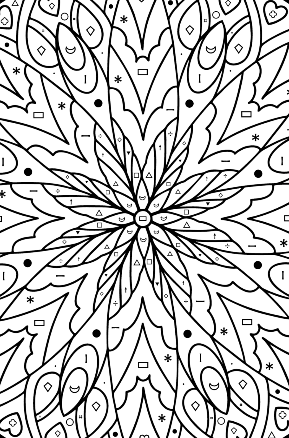 Complex Coloring Page for Kids - Mandala - Coloring by Symbols and Geometric Shapes for Kids