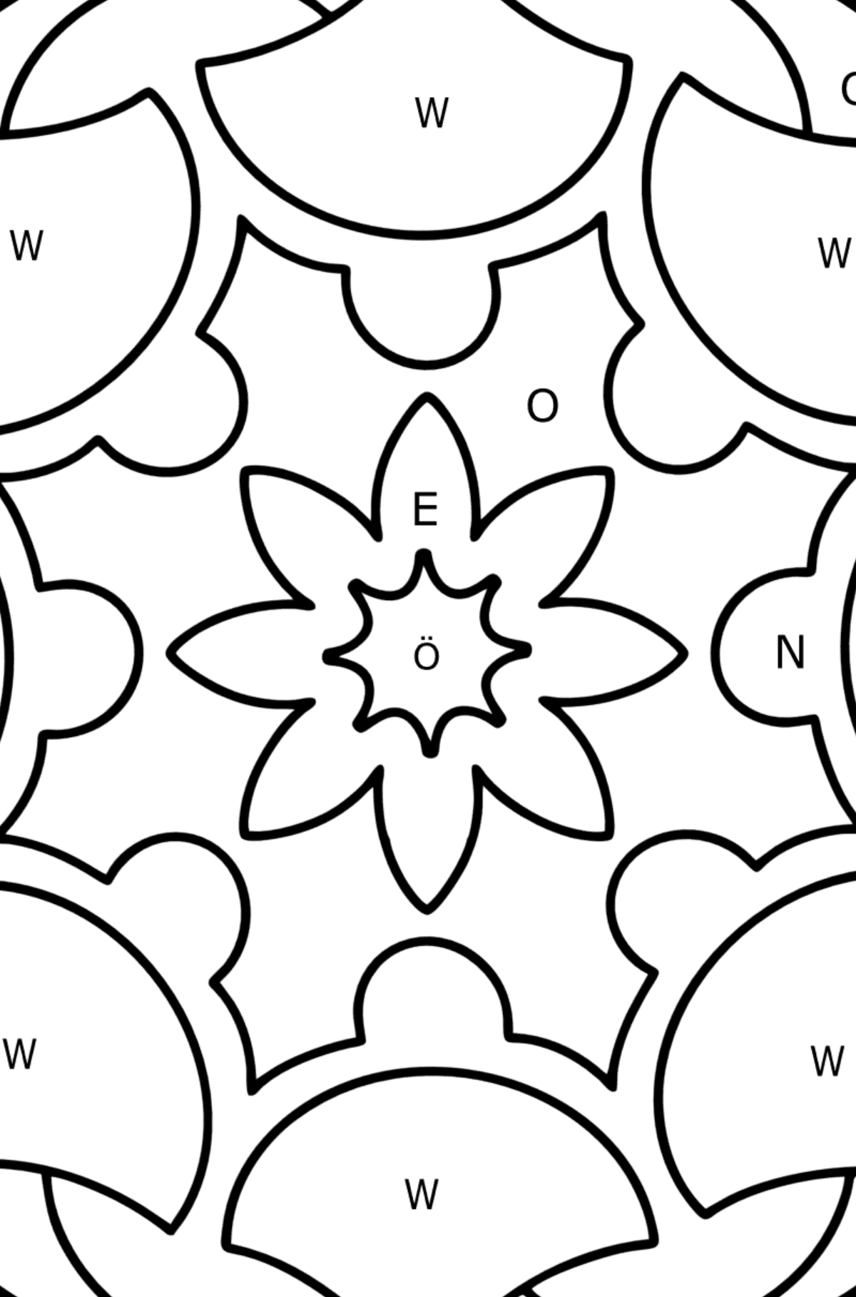 Mandala Ausmalbild - 13 Elemente - Ausmalen nach Buchstaben für Kinder