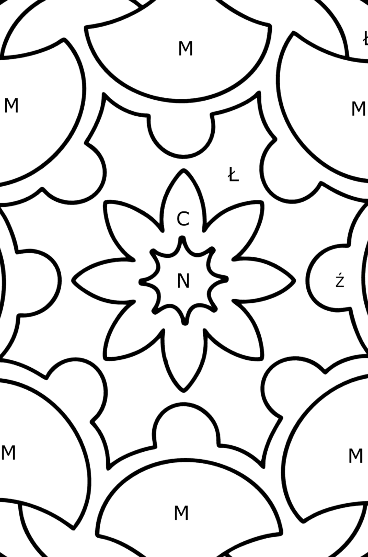 Kolorowanka Mandala - 13 elementów - Kolorowanki wedlug liter dla dzieci