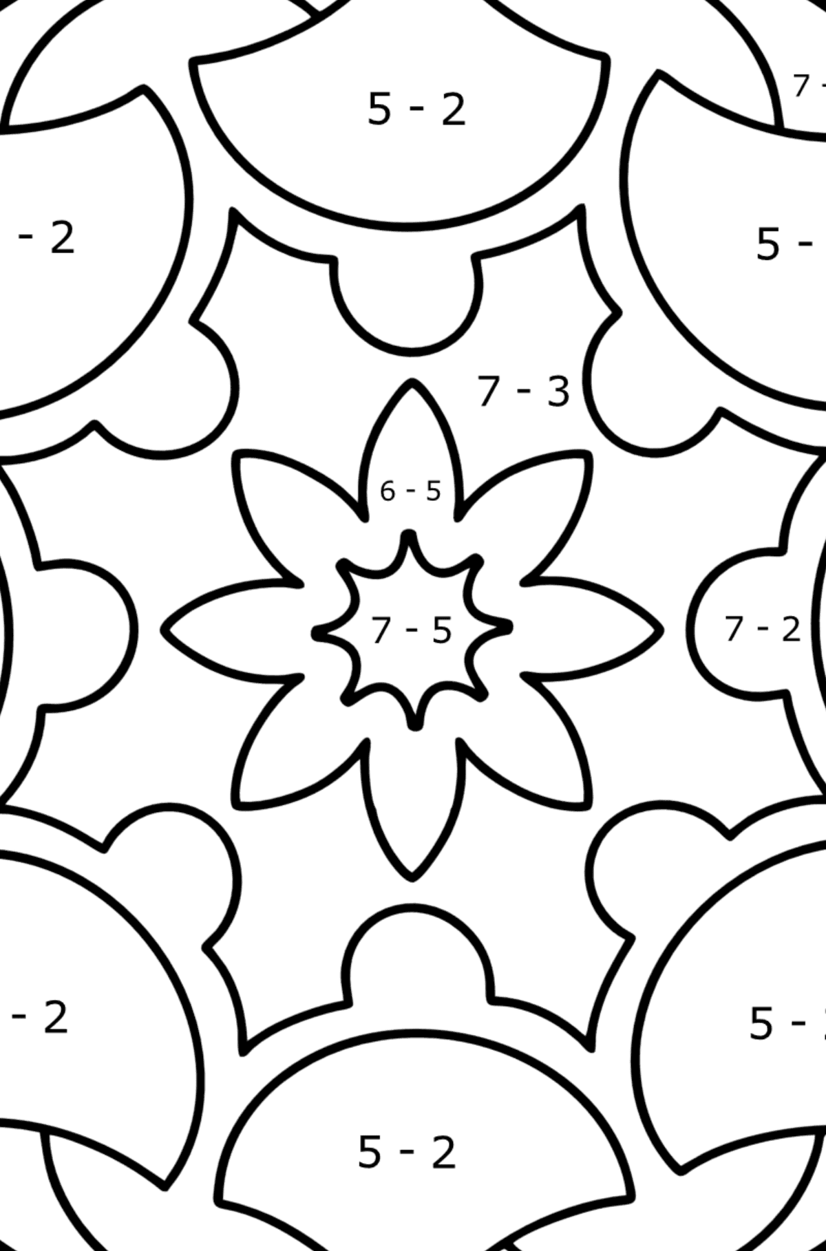 Mandala coloring page - 13 elements - Math Coloring - Subtraction for Kids