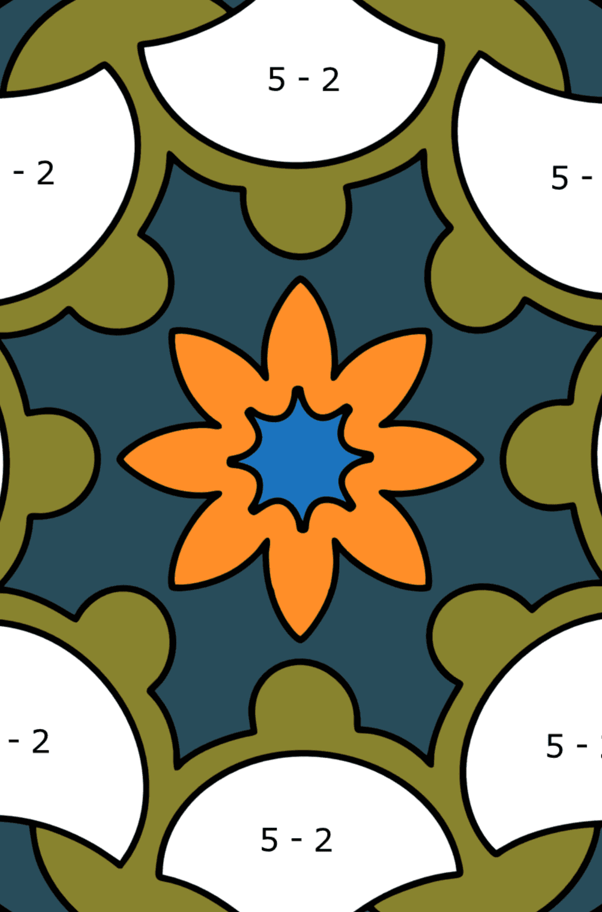 Kolorowanka Mandala - 13 elementów - Kolorowanki matematyczne odejmowanie dla dzieci