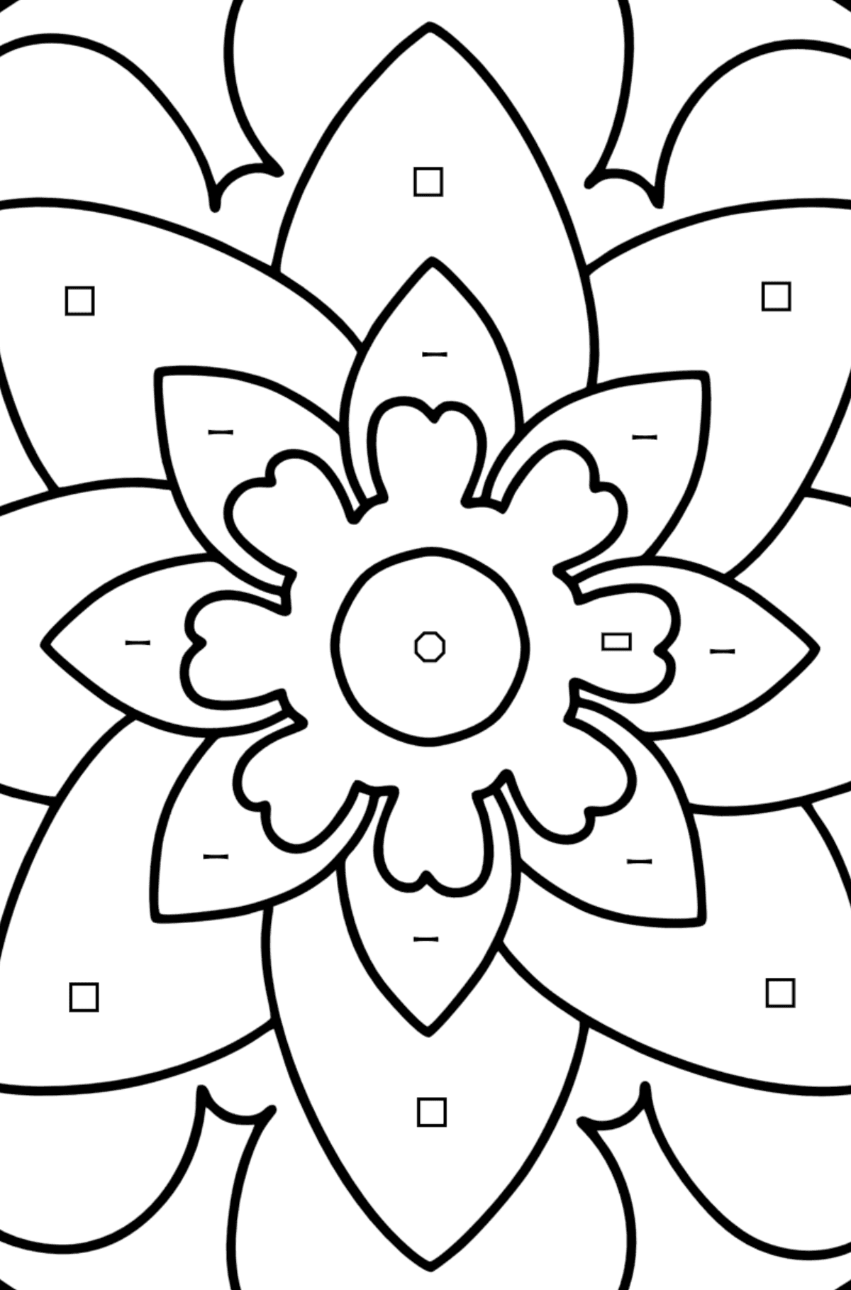 Kolorowanka Mandala - 20 elementów - Kolorowanie według symboli i figur geometrycznych dla dzieci
