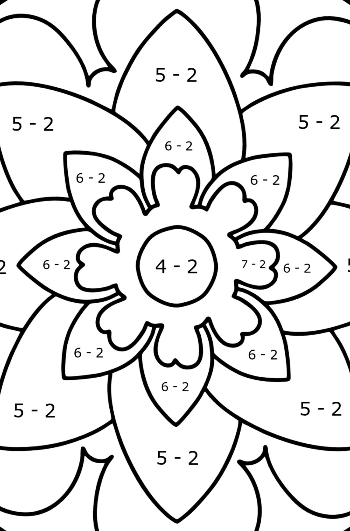 Kolorowanka Mandala - 20 elementów - Kolorowanki matematyczne odejmowanie dla dzieci