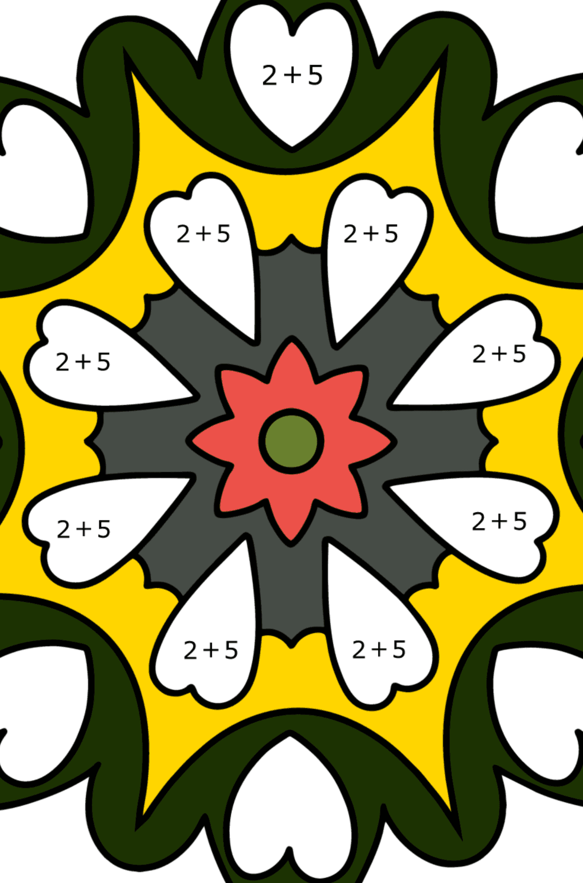 Kolorowanka Mandala - 21 elementów - Kolorowanki matematyczne dodawanie dla dzieci