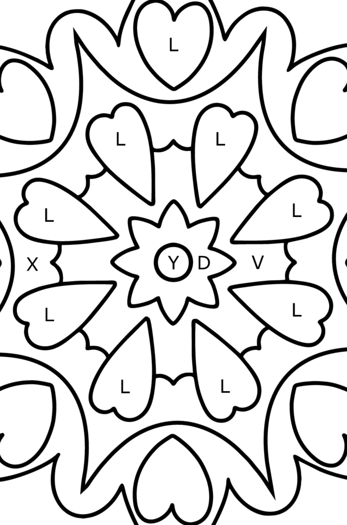 Mandala coloring page - 21 elements - Coloring by Letters for Kids