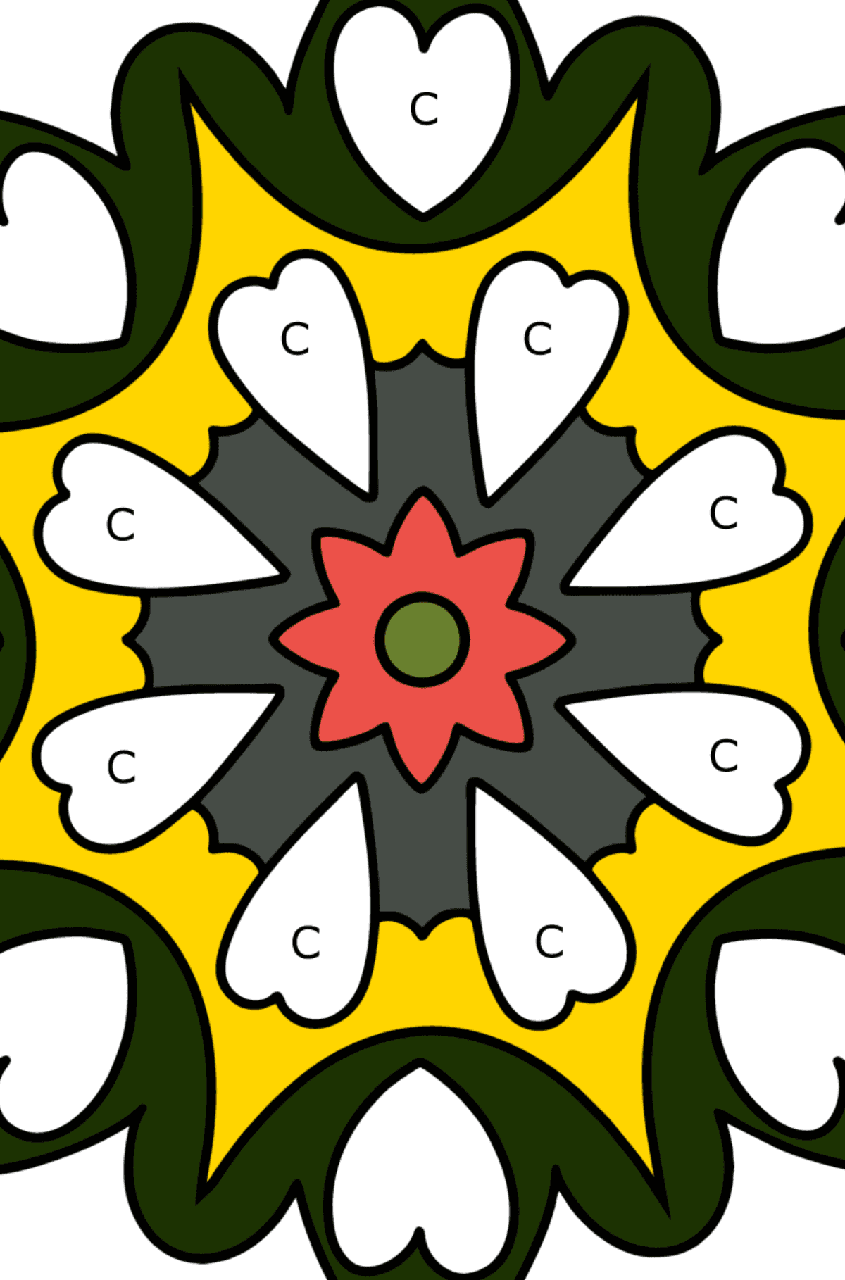 Coloriage mandala - 21 éléments - Coloriage par Lettres pour les Enfants