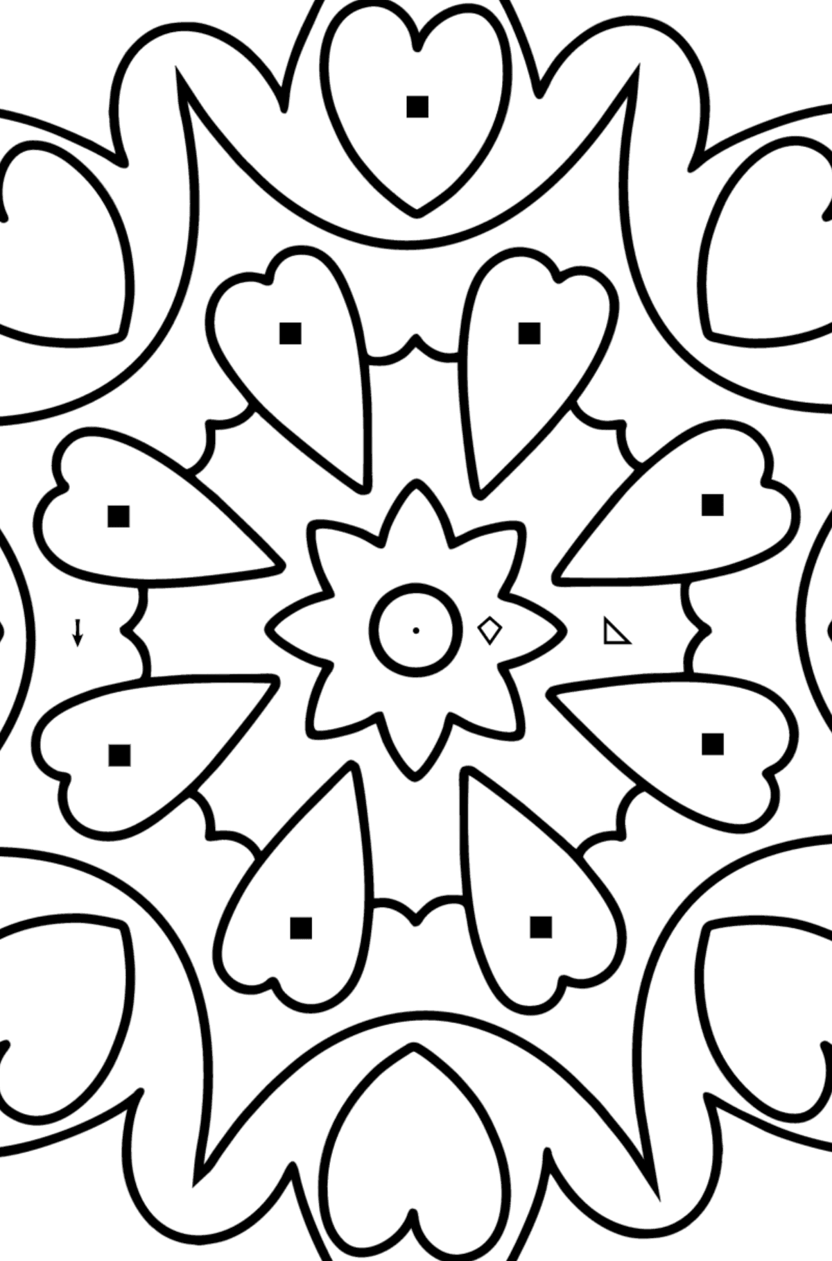 Mandala coloring page - 21 elements - Coloring by Symbols and Geometric Shapes for Kids