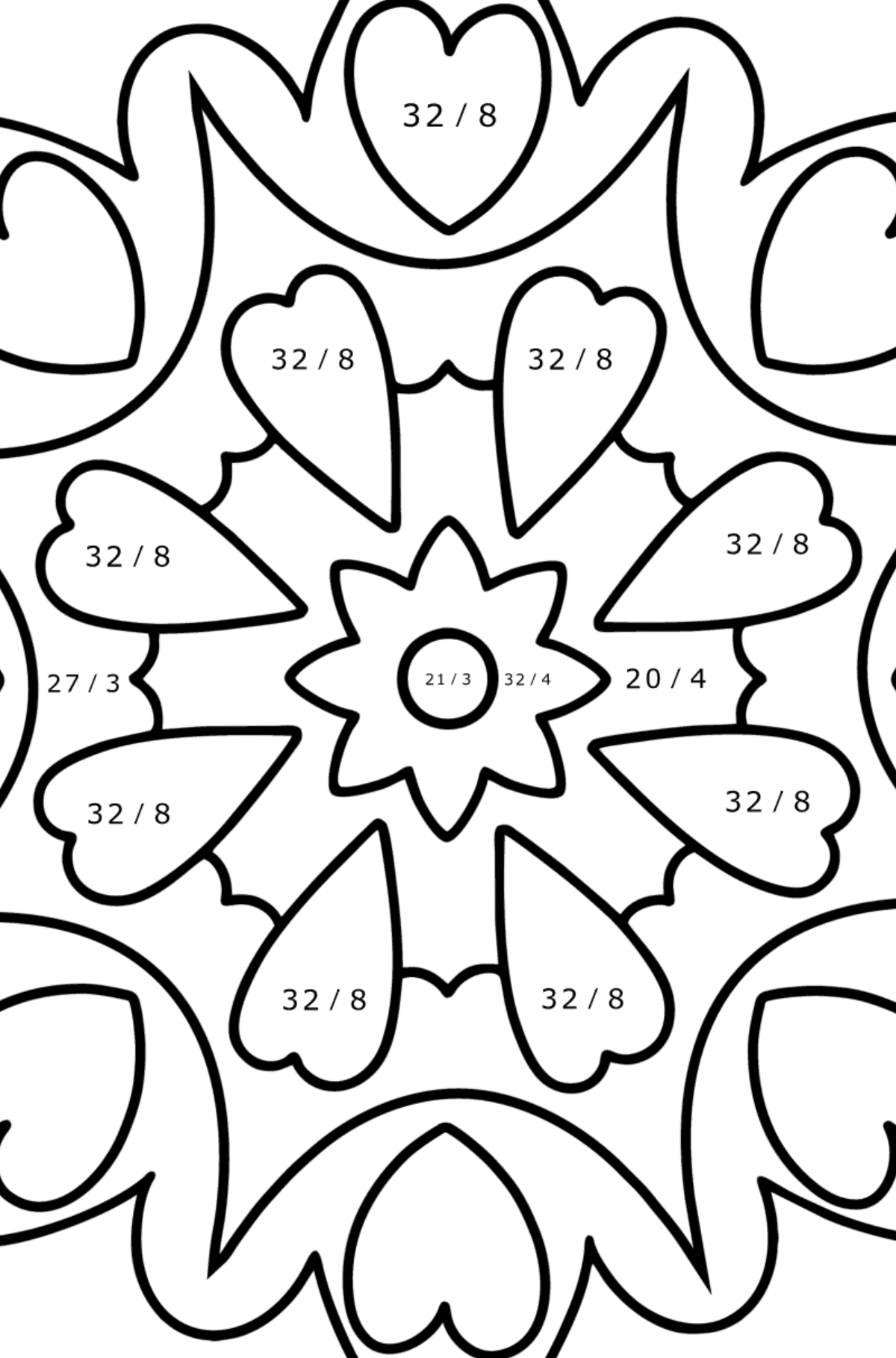 Desenho para colorir Mandala - 21 elementos - Colorindo com Matemática - Divisão para Crianças