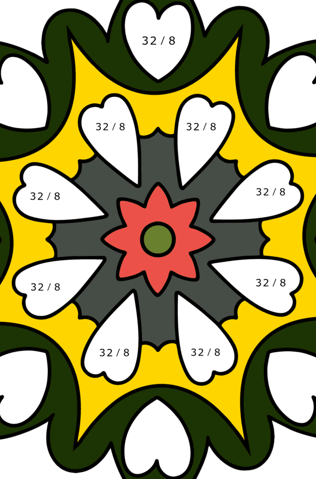 Kolorowanka Mandala - 21 elementów - Kolorowanki matematyczne dzielenie dla dzieci