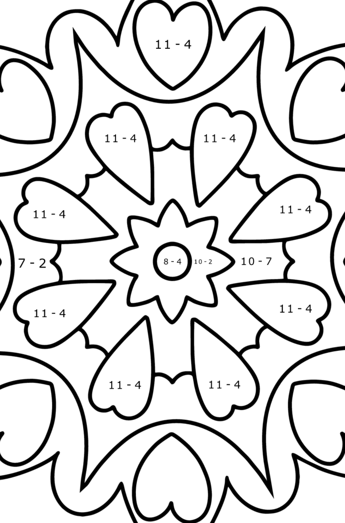 Mandala Ausmalbild - 21 Elemente - Mathe Ausmalbilder - Subtraktion für Kinder