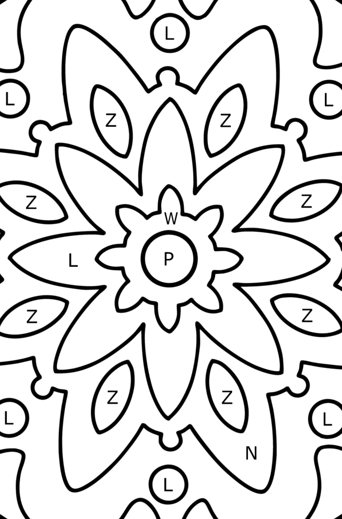 Mandala Ausmalbild - 22 Elemente - Ausmalen nach Buchstaben für Kinder