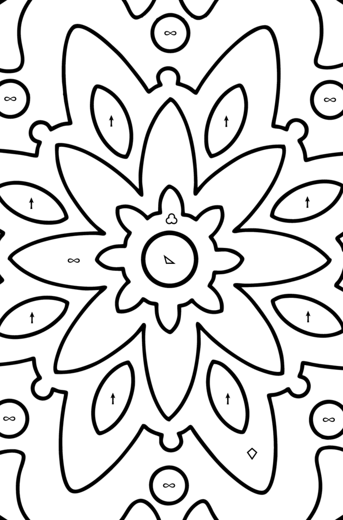 Mandala coloring page - 22 elements - Coloring by Symbols and Geometric Shapes for Kids