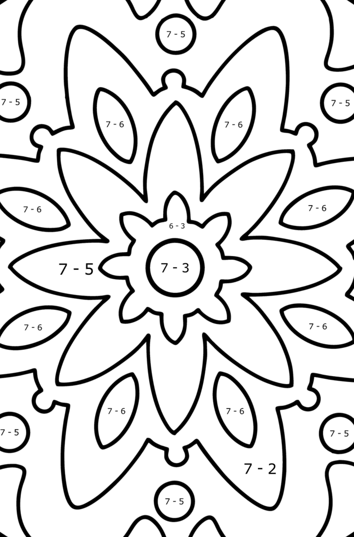 Mandala coloring page - 22 elements - Math Coloring - Subtraction for Kids