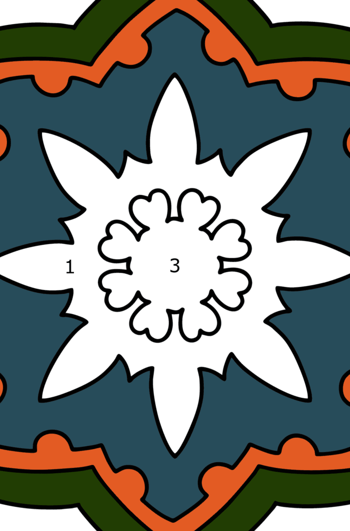 Mandala da colorare - 5 elementi - Colorare per numero per bambini