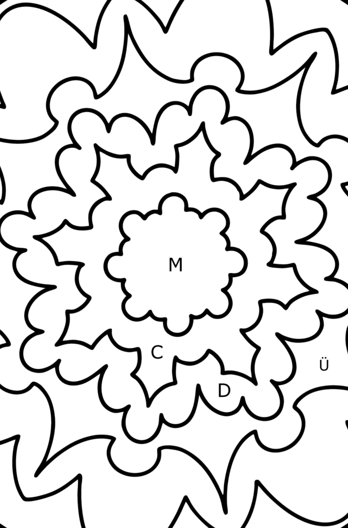 Mandala Ausmalbild - 6 Elemente - Ausmalen nach Buchstaben für Kinder