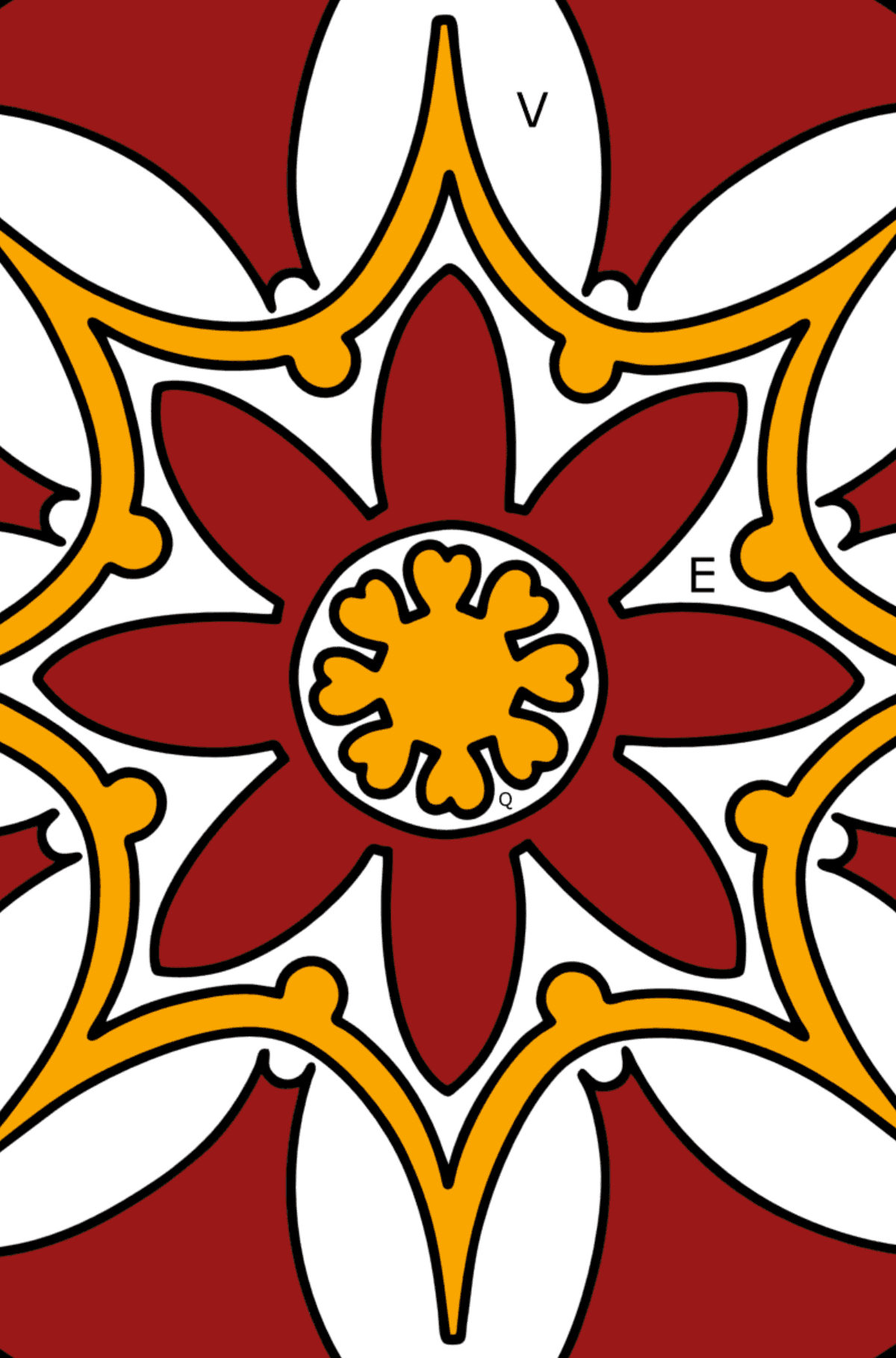 Dibujo para colorear Mandala - 7 elementos - Colorear por Letras para Niños