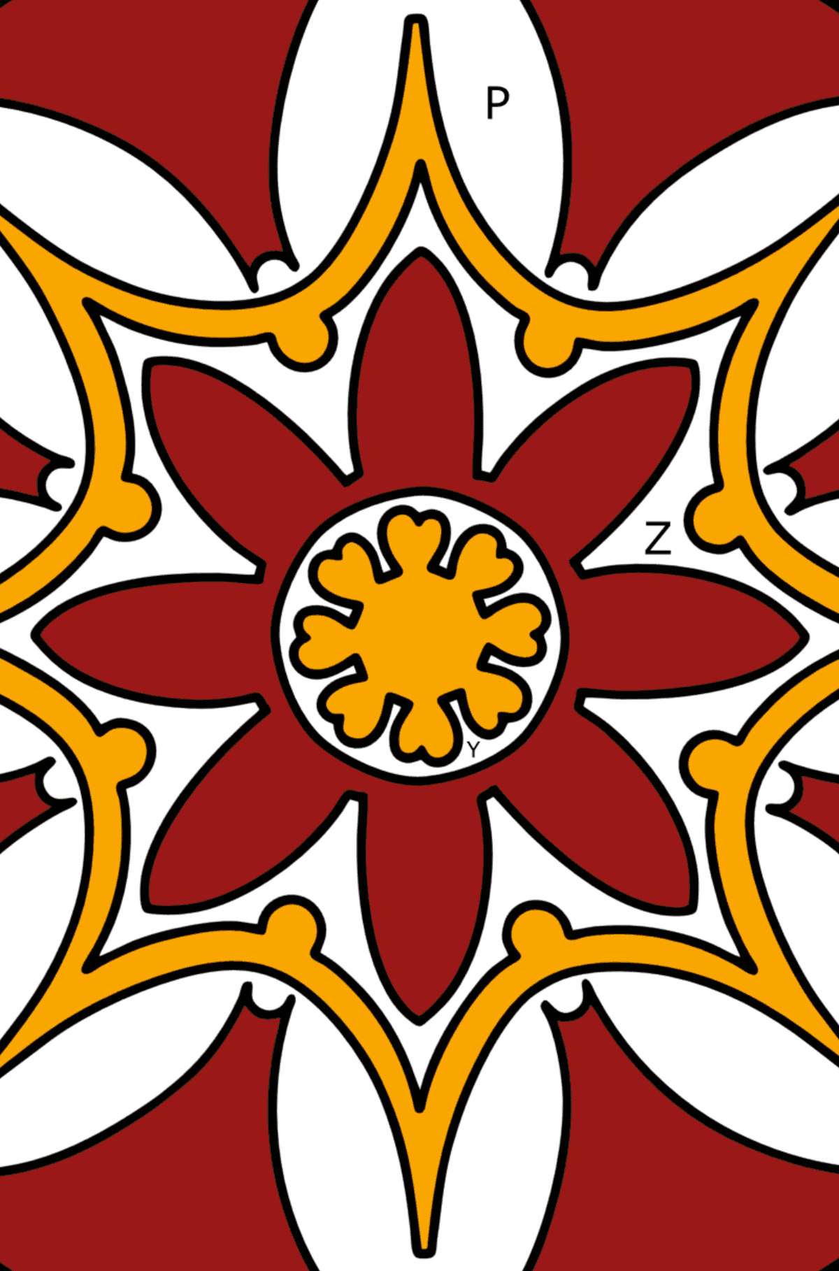 Kolorowanka Mandala - 7 elementów - Kolorowanki wedlug liter dla dzieci