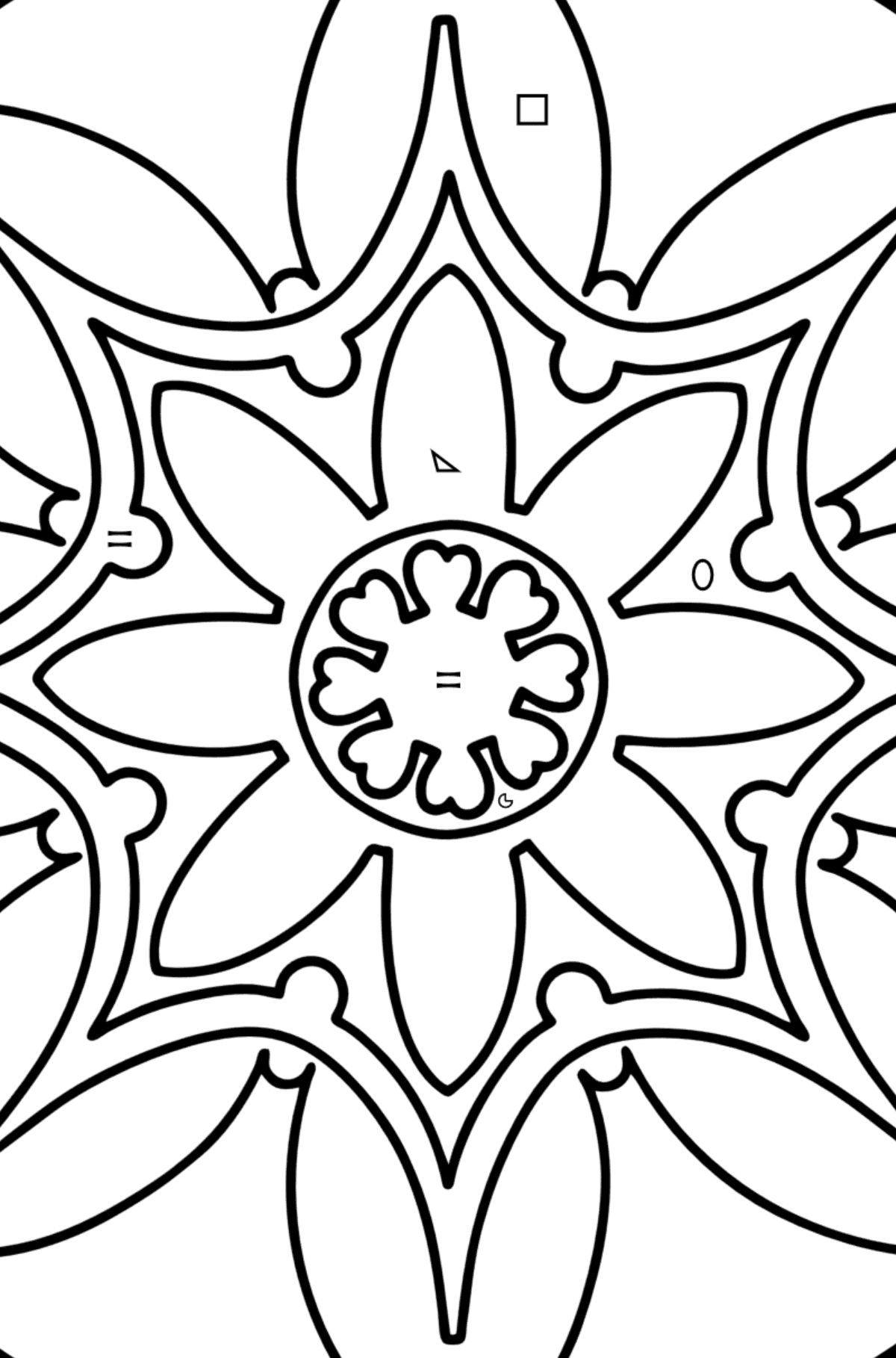 Mandala coloring page - 7 elements - Coloring by Symbols and Geometric Shapes for Kids