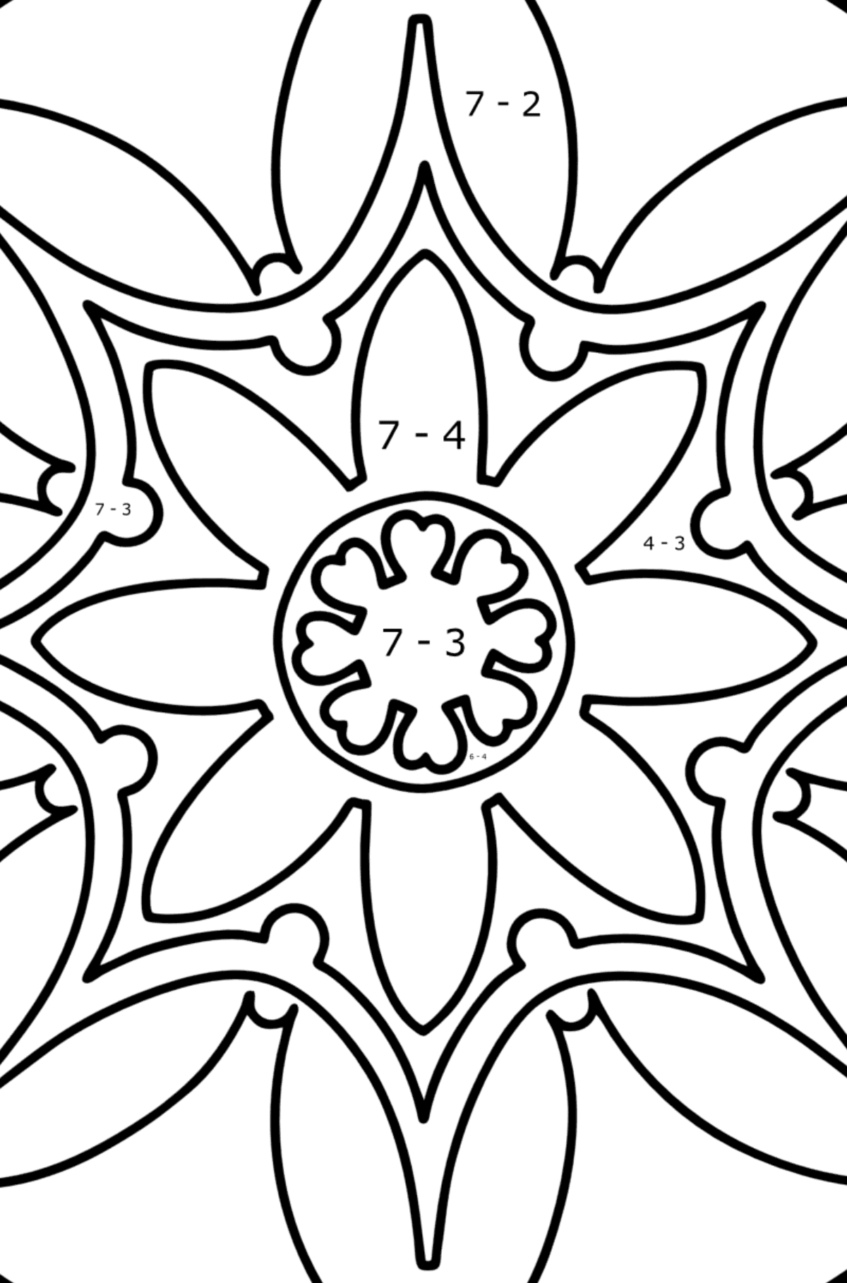 Mandala coloring page - 7 elements - Math Coloring - Subtraction for Kids