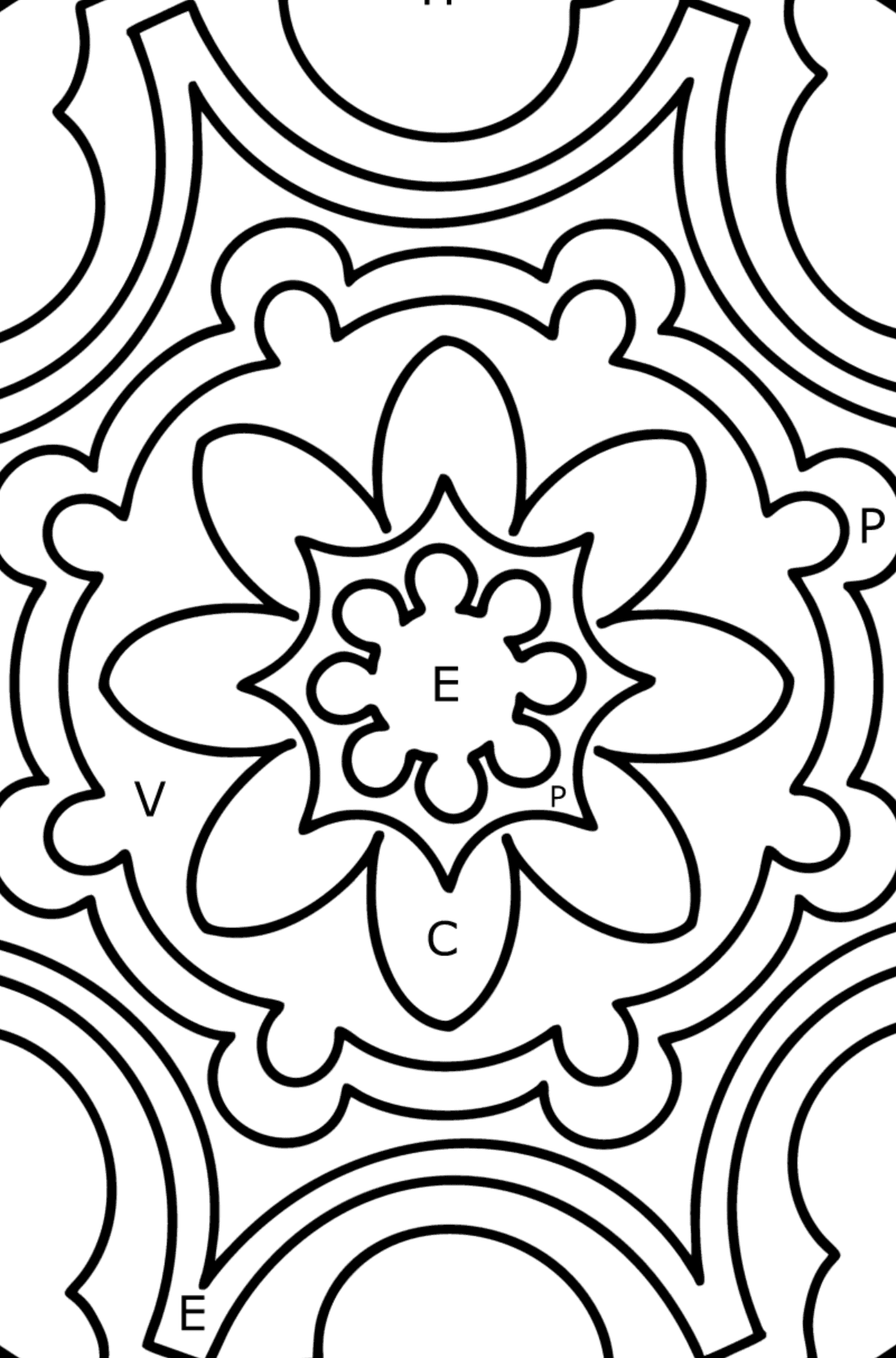 Mandala Ausmalbild - 9 Elemente - Ausmalen nach Buchstaben für Kinder