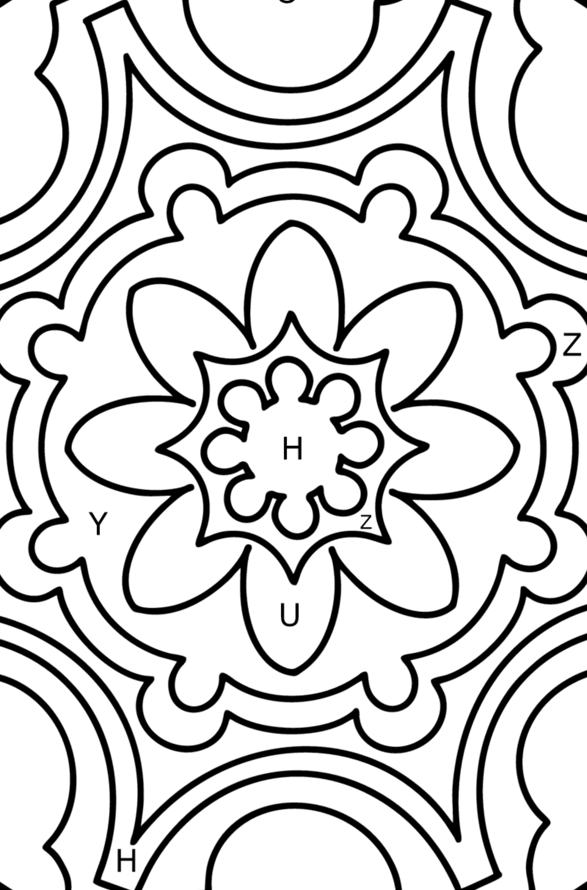 Mandala coloring page - 9 elements - Coloring by Letters for Kids
